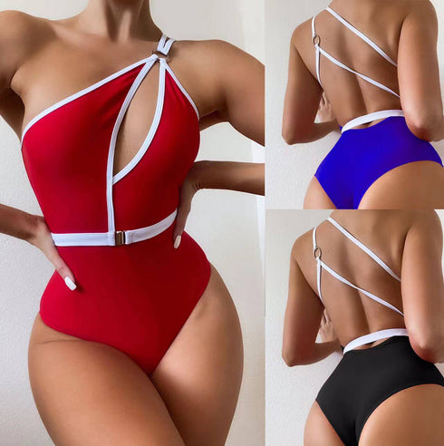 Ladies One Piece Solid Color Swimsuit Belt